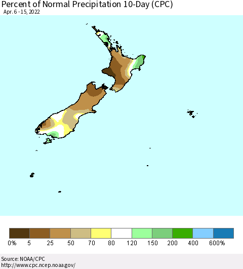 New Zealand Percent of Normal Precipitation 10-Day (CPC) Thematic Map For 4/6/2022 - 4/15/2022