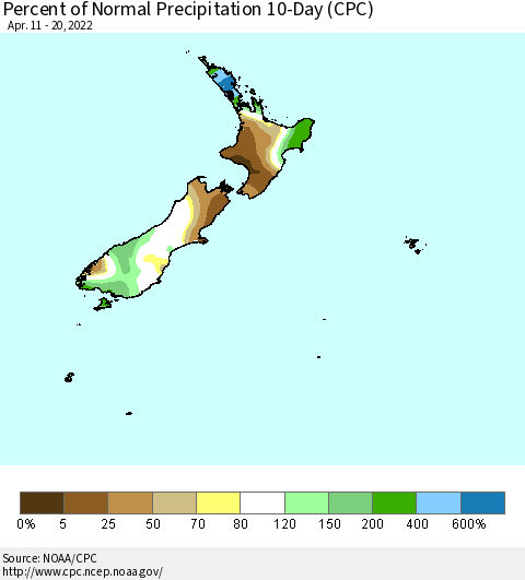 New Zealand Percent of Normal Precipitation 10-Day (CPC) Thematic Map For 4/11/2022 - 4/20/2022