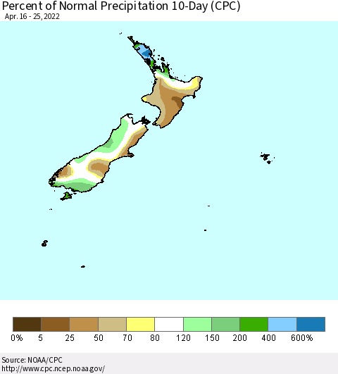 New Zealand Percent of Normal Precipitation 10-Day (CPC) Thematic Map For 4/16/2022 - 4/25/2022