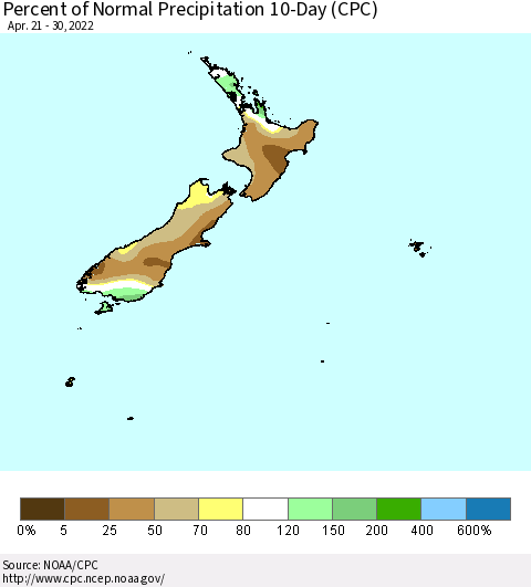New Zealand Percent of Normal Precipitation 10-Day (CPC) Thematic Map For 4/21/2022 - 4/30/2022