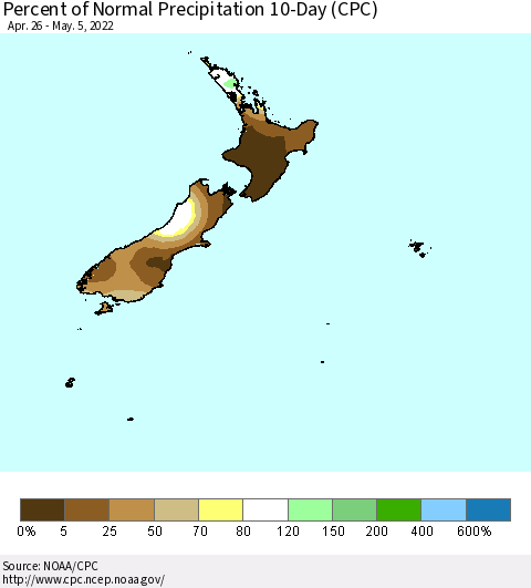 New Zealand Percent of Normal Precipitation 10-Day (CPC) Thematic Map For 4/26/2022 - 5/5/2022