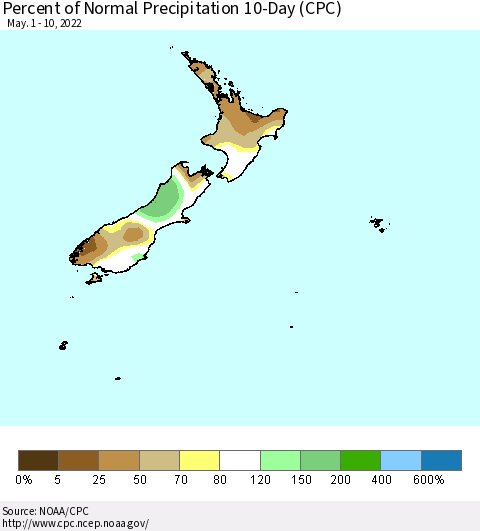 New Zealand Percent of Normal Precipitation 10-Day (CPC) Thematic Map For 5/1/2022 - 5/10/2022