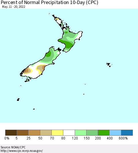 New Zealand Percent of Normal Precipitation 10-Day (CPC) Thematic Map For 5/11/2022 - 5/20/2022
