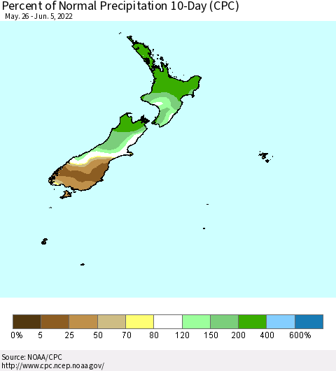 New Zealand Percent of Normal Precipitation 10-Day (CPC) Thematic Map For 5/26/2022 - 6/5/2022