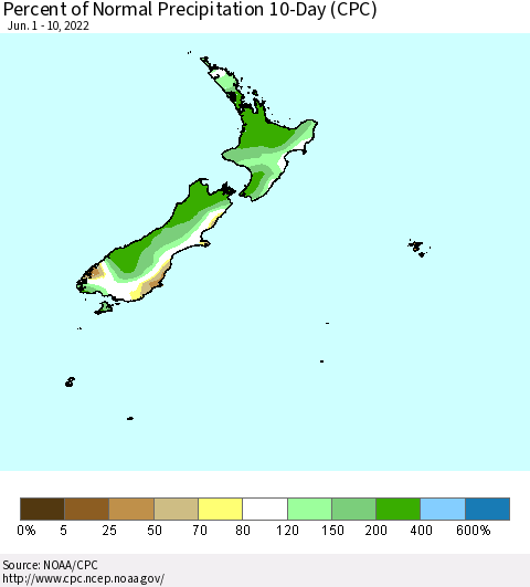 New Zealand Percent of Normal Precipitation 10-Day (CPC) Thematic Map For 6/1/2022 - 6/10/2022