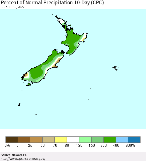 New Zealand Percent of Normal Precipitation 10-Day (CPC) Thematic Map For 6/6/2022 - 6/15/2022