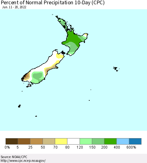 New Zealand Percent of Normal Precipitation 10-Day (CPC) Thematic Map For 6/11/2022 - 6/20/2022
