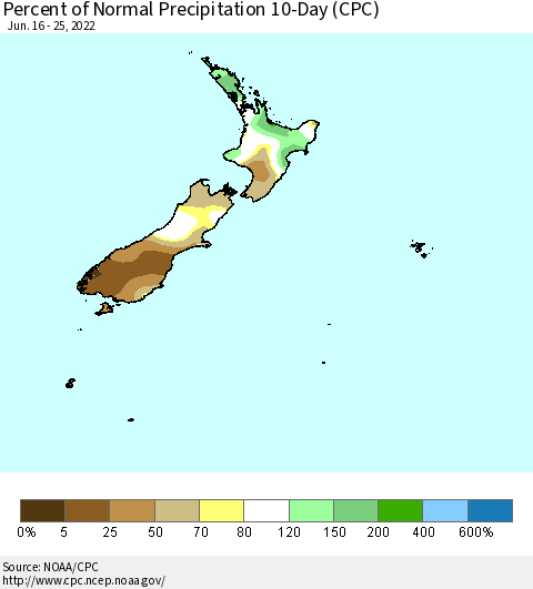 New Zealand Percent of Normal Precipitation 10-Day (CPC) Thematic Map For 6/16/2022 - 6/25/2022