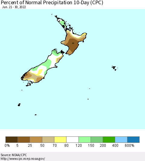 New Zealand Percent of Normal Precipitation 10-Day (CPC) Thematic Map For 6/21/2022 - 6/30/2022
