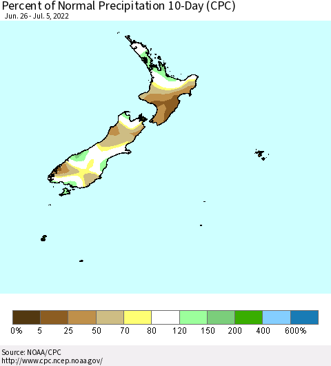 New Zealand Percent of Normal Precipitation 10-Day (CPC) Thematic Map For 6/26/2022 - 7/5/2022
