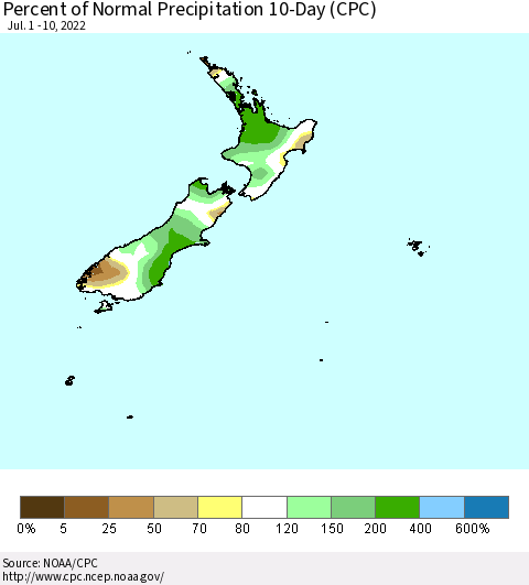 New Zealand Percent of Normal Precipitation 10-Day (CPC) Thematic Map For 7/1/2022 - 7/10/2022