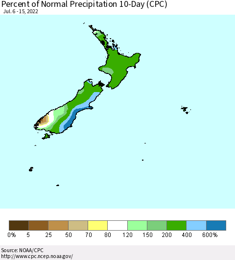 New Zealand Percent of Normal Precipitation 10-Day (CPC) Thematic Map For 7/6/2022 - 7/15/2022