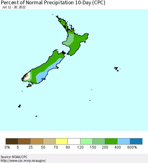 New Zealand Percent of Normal Precipitation 10-Day (CPC) Thematic Map For 7/11/2022 - 7/20/2022