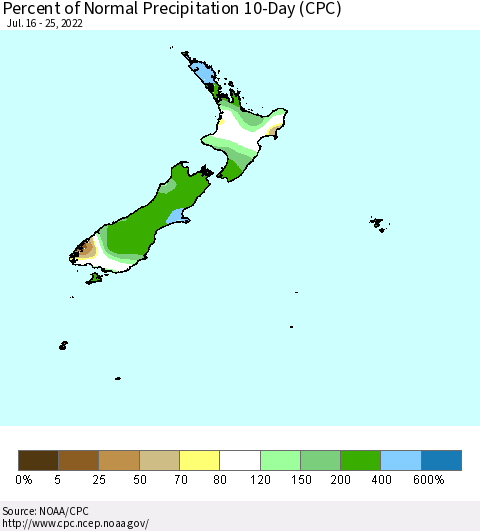 New Zealand Percent of Normal Precipitation 10-Day (CPC) Thematic Map For 7/16/2022 - 7/25/2022