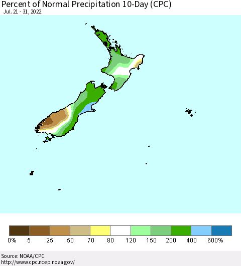 New Zealand Percent of Normal Precipitation 10-Day (CPC) Thematic Map For 7/21/2022 - 7/31/2022