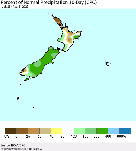 New Zealand Percent of Normal Precipitation 10-Day (CPC) Thematic Map For 7/26/2022 - 8/5/2022