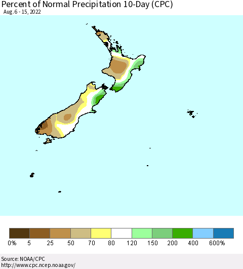 New Zealand Percent of Normal Precipitation 10-Day (CPC) Thematic Map For 8/6/2022 - 8/15/2022