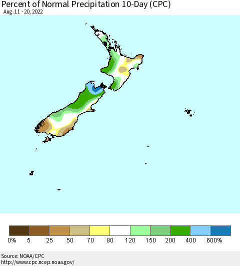 New Zealand Percent of Normal Precipitation 10-Day (CPC) Thematic Map For 8/11/2022 - 8/20/2022