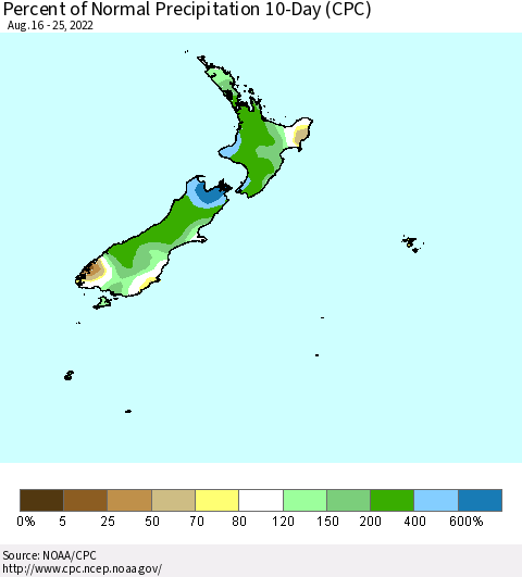 New Zealand Percent of Normal Precipitation 10-Day (CPC) Thematic Map For 8/16/2022 - 8/25/2022