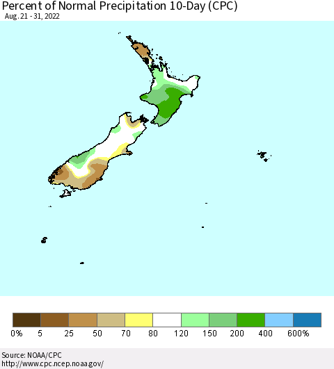 New Zealand Percent of Normal Precipitation 10-Day (CPC) Thematic Map For 8/21/2022 - 8/31/2022