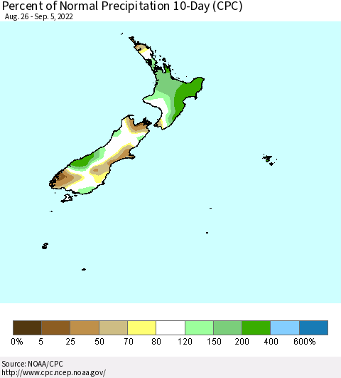 New Zealand Percent of Normal Precipitation 10-Day (CPC) Thematic Map For 8/26/2022 - 9/5/2022
