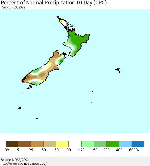 New Zealand Percent of Normal Precipitation 10-Day (CPC) Thematic Map For 9/1/2022 - 9/10/2022