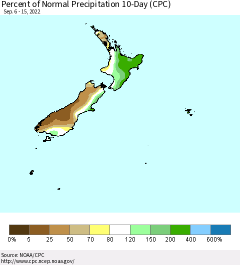 New Zealand Percent of Normal Precipitation 10-Day (CPC) Thematic Map For 9/6/2022 - 9/15/2022