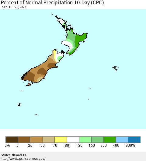 New Zealand Percent of Normal Precipitation 10-Day (CPC) Thematic Map For 9/16/2022 - 9/25/2022