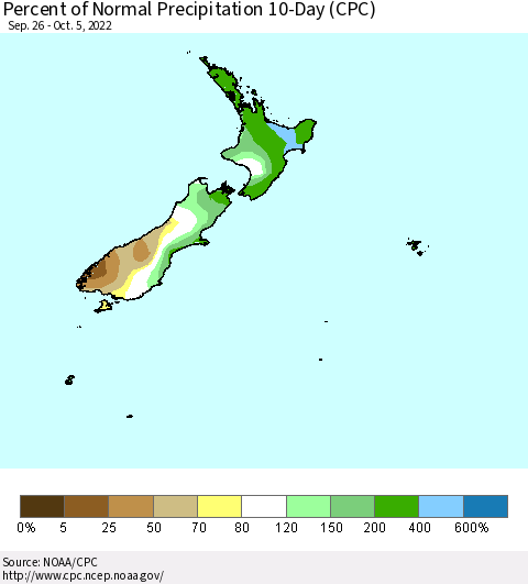 New Zealand Percent of Normal Precipitation 10-Day (CPC) Thematic Map For 9/26/2022 - 10/5/2022