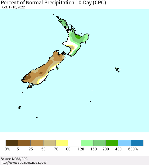 New Zealand Percent of Normal Precipitation 10-Day (CPC) Thematic Map For 10/1/2022 - 10/10/2022