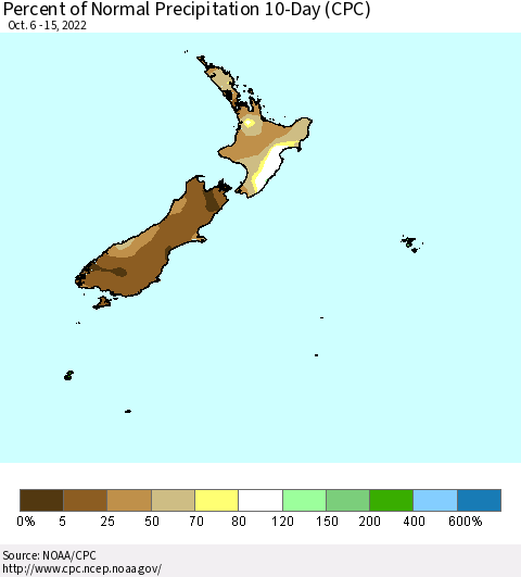 New Zealand Percent of Normal Precipitation 10-Day (CPC) Thematic Map For 10/6/2022 - 10/15/2022