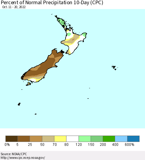 New Zealand Percent of Normal Precipitation 10-Day (CPC) Thematic Map For 10/11/2022 - 10/20/2022