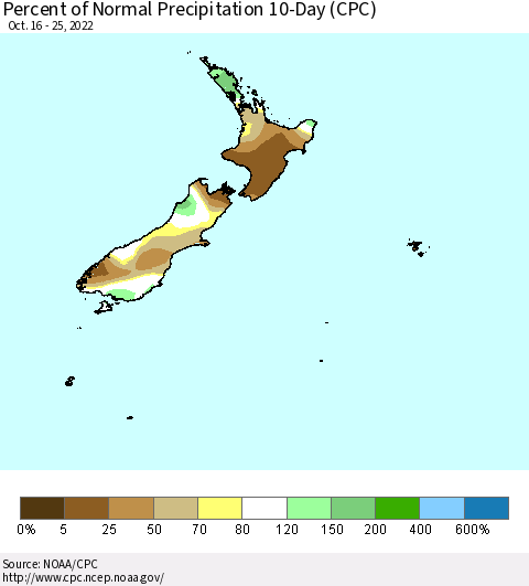 New Zealand Percent of Normal Precipitation 10-Day (CPC) Thematic Map For 10/16/2022 - 10/25/2022