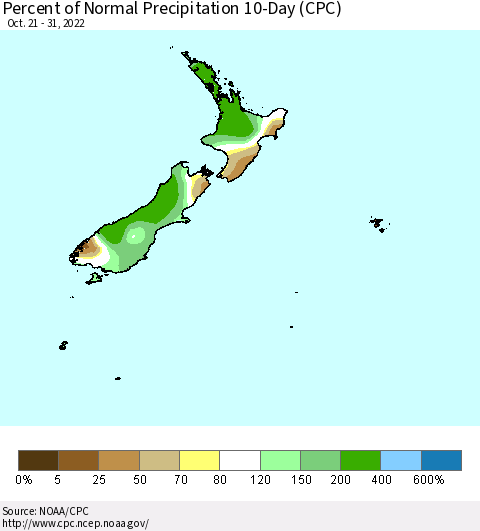 New Zealand Percent of Normal Precipitation 10-Day (CPC) Thematic Map For 10/21/2022 - 10/31/2022