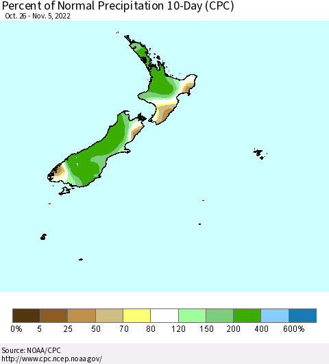 New Zealand Percent of Normal Precipitation 10-Day (CPC) Thematic Map For 10/26/2022 - 11/5/2022