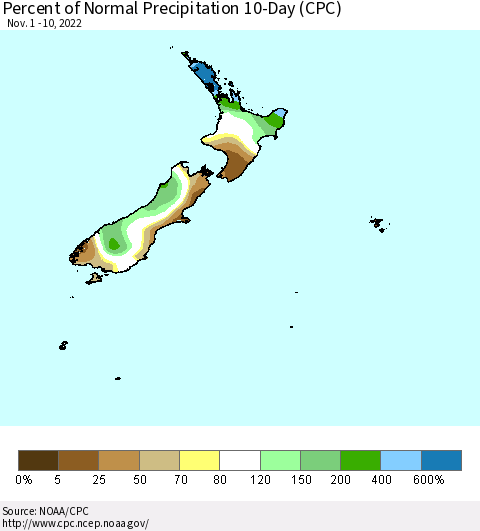 New Zealand Percent of Normal Precipitation 10-Day (CPC) Thematic Map For 11/1/2022 - 11/10/2022