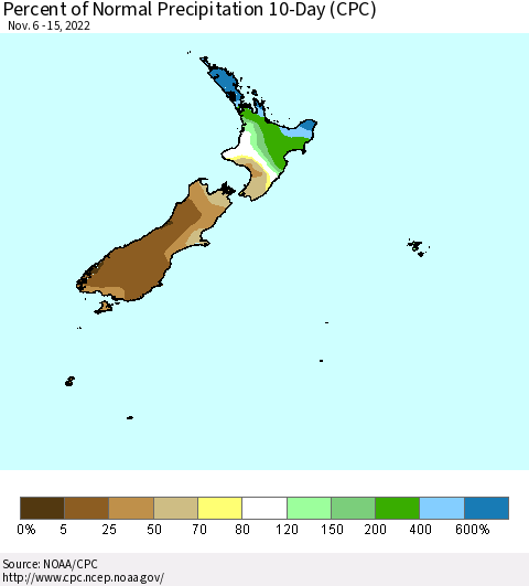 New Zealand Percent of Normal Precipitation 10-Day (CPC) Thematic Map For 11/6/2022 - 11/15/2022