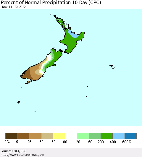 New Zealand Percent of Normal Precipitation 10-Day (CPC) Thematic Map For 11/11/2022 - 11/20/2022