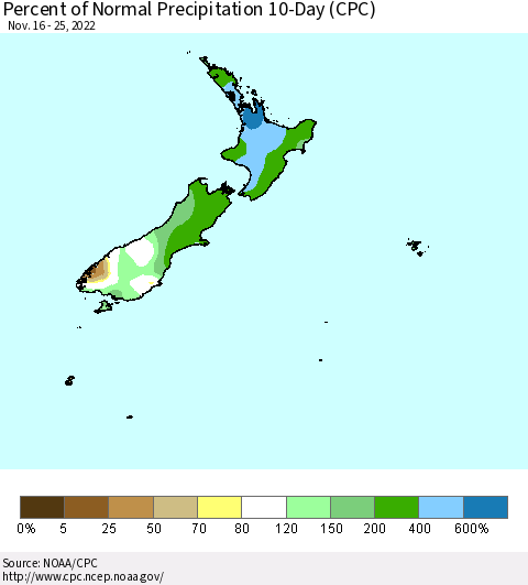 New Zealand Percent of Normal Precipitation 10-Day (CPC) Thematic Map For 11/16/2022 - 11/25/2022