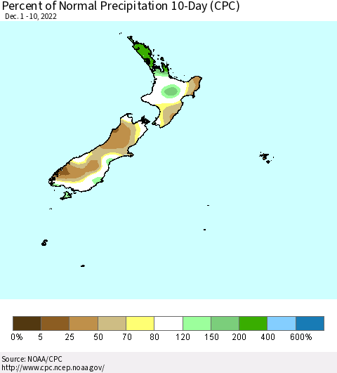 New Zealand Percent of Normal Precipitation 10-Day (CPC) Thematic Map For 12/1/2022 - 12/10/2022
