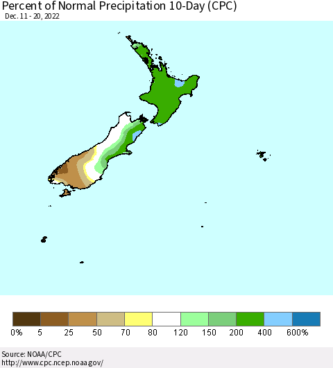 New Zealand Percent of Normal Precipitation 10-Day (CPC) Thematic Map For 12/11/2022 - 12/20/2022