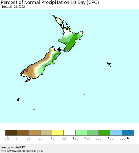 New Zealand Percent of Normal Precipitation 10-Day (CPC) Thematic Map For 12/16/2022 - 12/25/2022