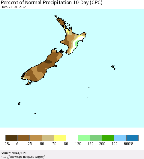 New Zealand Percent of Normal Precipitation 10-Day (CPC) Thematic Map For 12/21/2022 - 12/31/2022