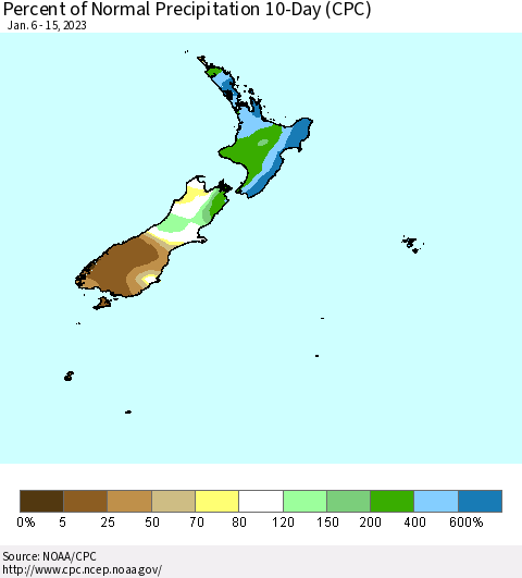 New Zealand Percent of Normal Precipitation 10-Day (CPC) Thematic Map For 1/6/2023 - 1/15/2023