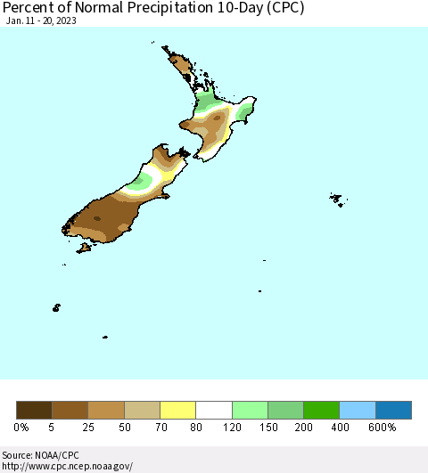 New Zealand Percent of Normal Precipitation 10-Day (CPC) Thematic Map For 1/11/2023 - 1/20/2023