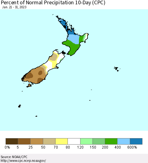 New Zealand Percent of Normal Precipitation 10-Day (CPC) Thematic Map For 1/21/2023 - 1/31/2023