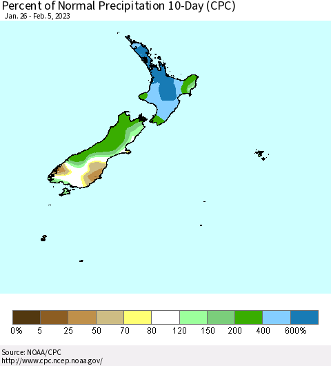 New Zealand Percent of Normal Precipitation 10-Day (CPC) Thematic Map For 1/26/2023 - 2/5/2023