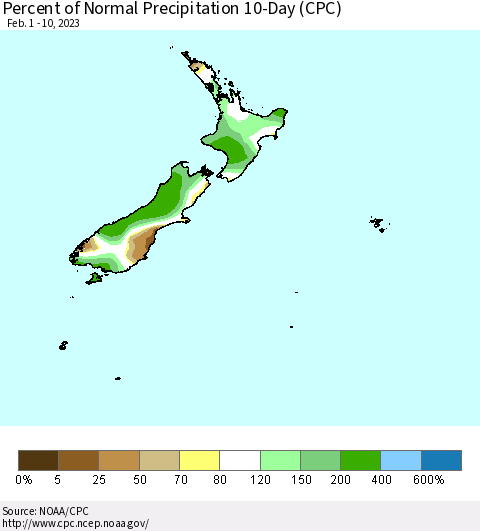New Zealand Percent of Normal Precipitation 10-Day (CPC) Thematic Map For 2/1/2023 - 2/10/2023