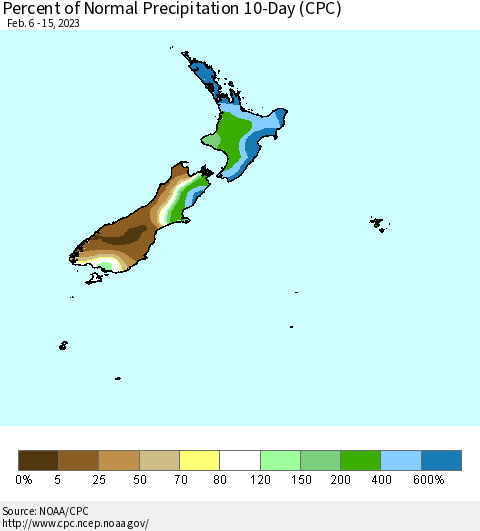 New Zealand Percent of Normal Precipitation 10-Day (CPC) Thematic Map For 2/6/2023 - 2/15/2023