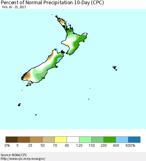 New Zealand Percent of Normal Precipitation 10-Day (CPC) Thematic Map For 2/16/2023 - 2/25/2023